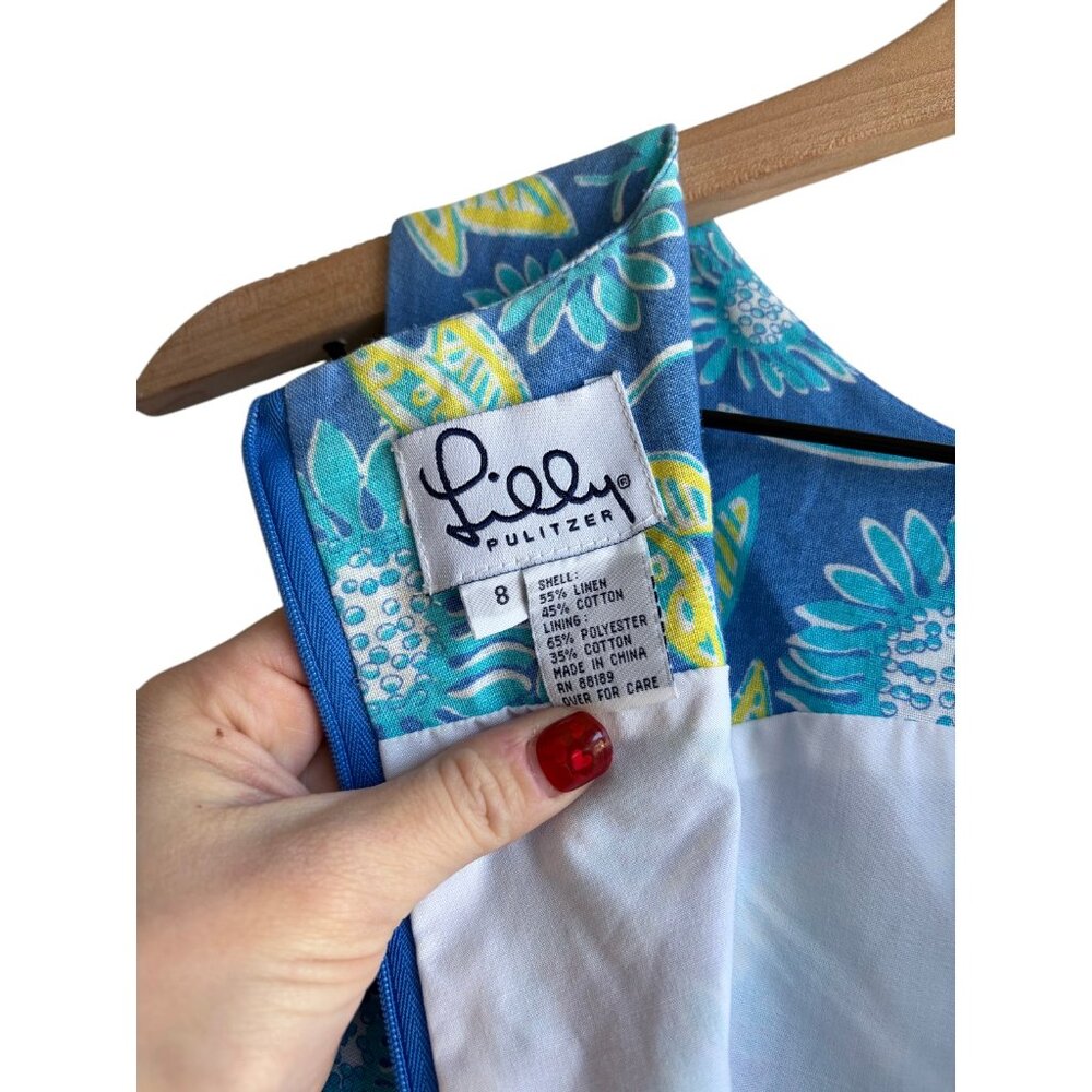 Lilly Pulitzer Vintage Krista Dress Blue Dragonfly Butterfly Size 8 Linen Rare - Picture 4 of 6